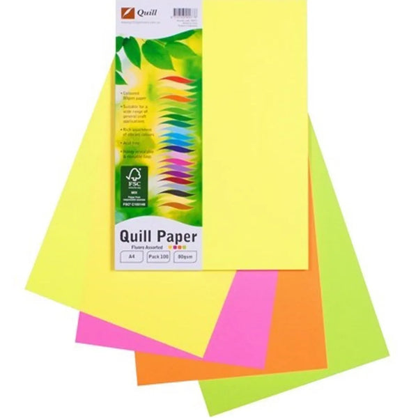 Quill Coloured A4 Copy Paper 80Gsm Fluoro Assorted Pack 100 Sheets