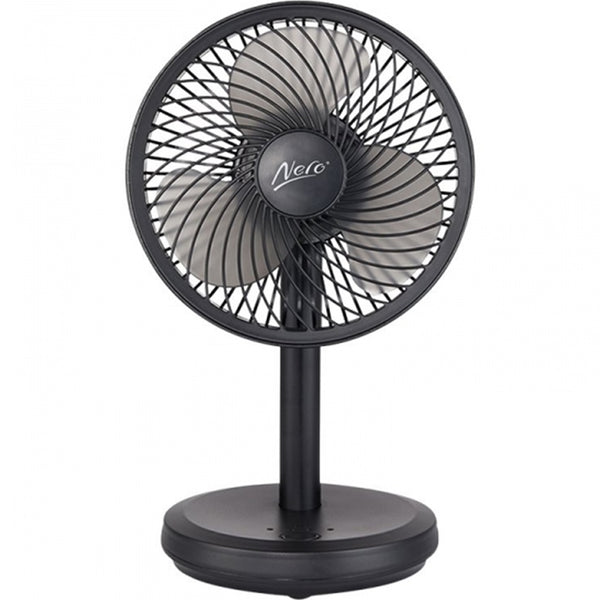 Black desk fan with 'Nero' branding on a white background