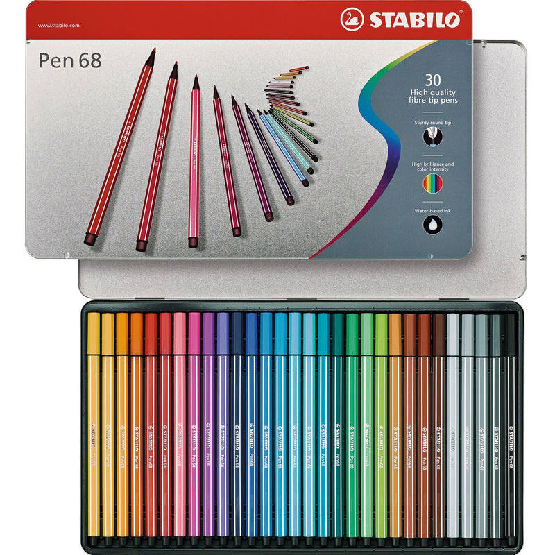 Stabilo 68 Fibre Tip Pens Water-Based 30 Tin Set