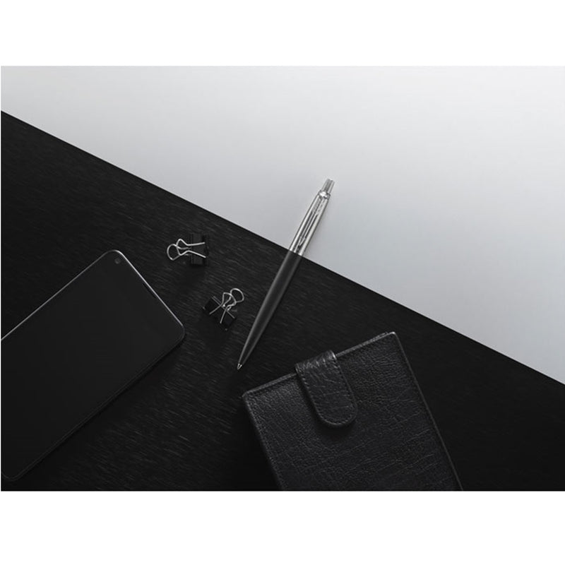 Parker Jotter Ballpoint Pen Bond Street Black Chrome Trim Medium Nib Blue