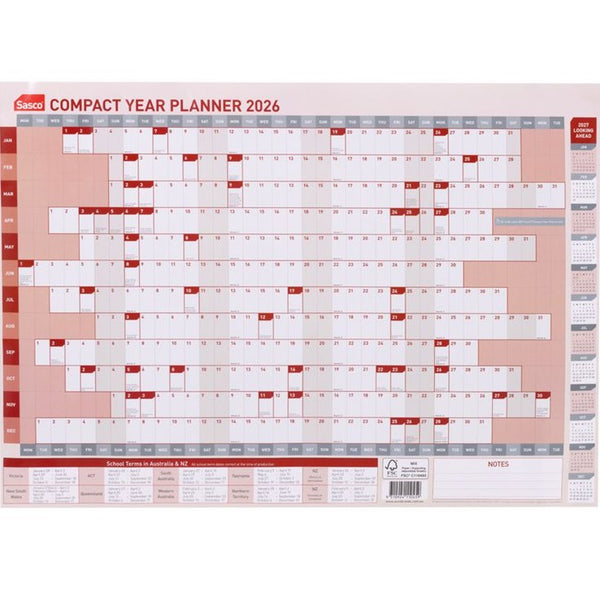 Sasco 2026 Year Wall Planner Compact Calendar 594x420mm Red