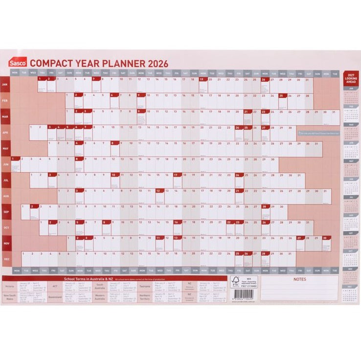 Sasco 2026 Year Wall Planner Compact Calendar 594x420mm Red