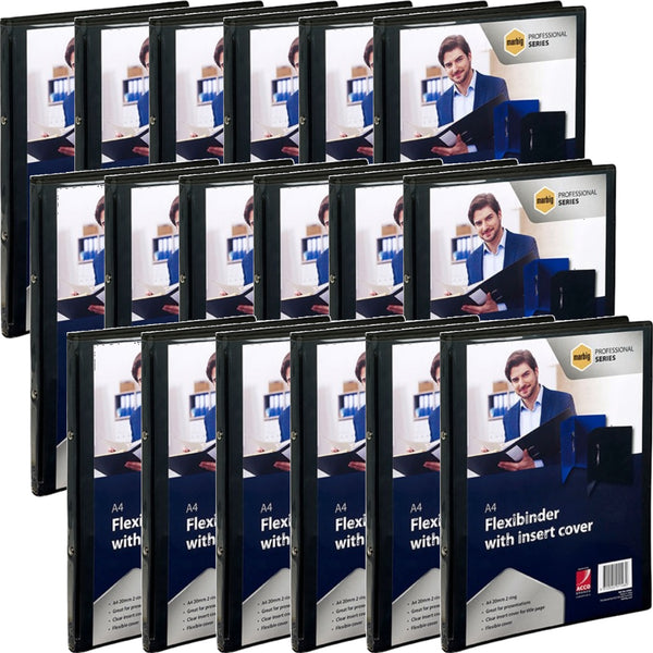 Marbig Flexibinder 2 Ring 20mm A4 Clear Cover Black Folder 18 Pack BULK