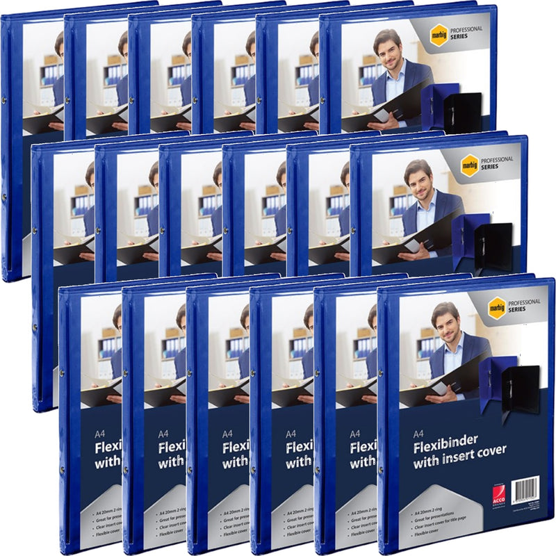 Marbig Flexibinder 2 Ring 20mm A4 Clear Cover Blue Folder 18 Pack BULK