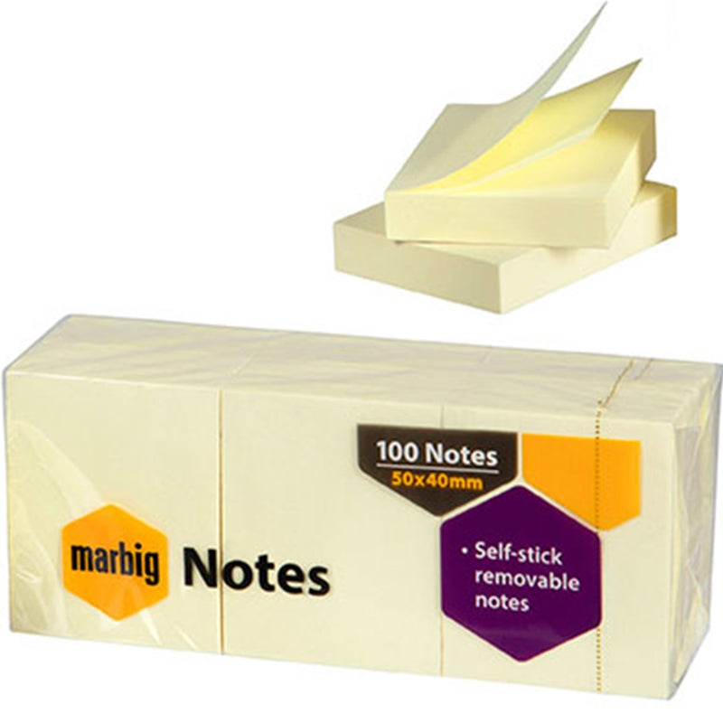 Marbig Stick Sticky Notes 40x50mm Yellow Pack 12