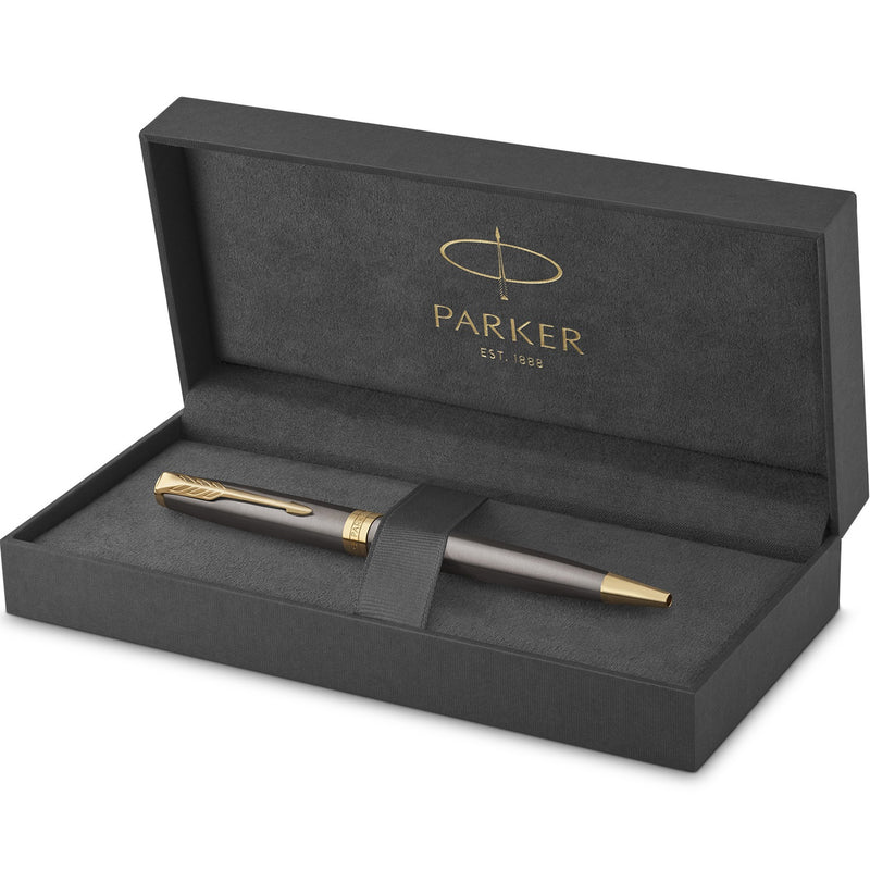 Parker Sonnet Grey Lacquer Gold Trim Ballpoint Pen Medium Nib Gift Box Set
