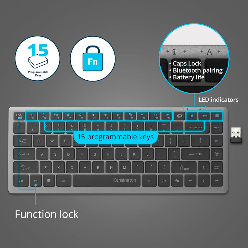 Kensington KB435 Wireless Compact Keyboard Bluetooth USB TKL