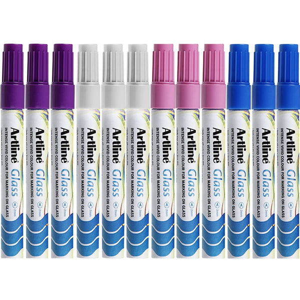 Artline Glass Marker 2mm Assorted Colours Box 12