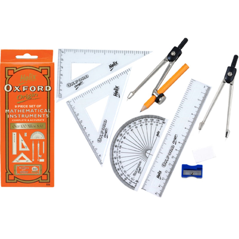 Helix Oxford 9 Piece Maths Set Set Square Compass Ruler Protractor