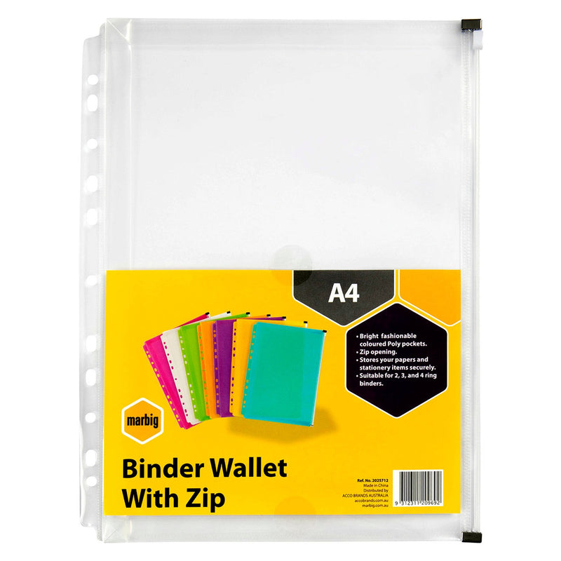 Marbig Binder Pocket Zip Closure Sleeves Pages A4 Clear Pack 12