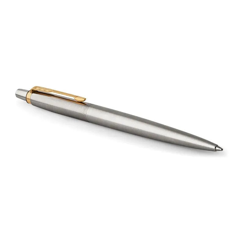 Parker Jotter Ballpoint Pen Stainless Steel Gold Trim Medium Nib Blue 1953206 - SuperOffice