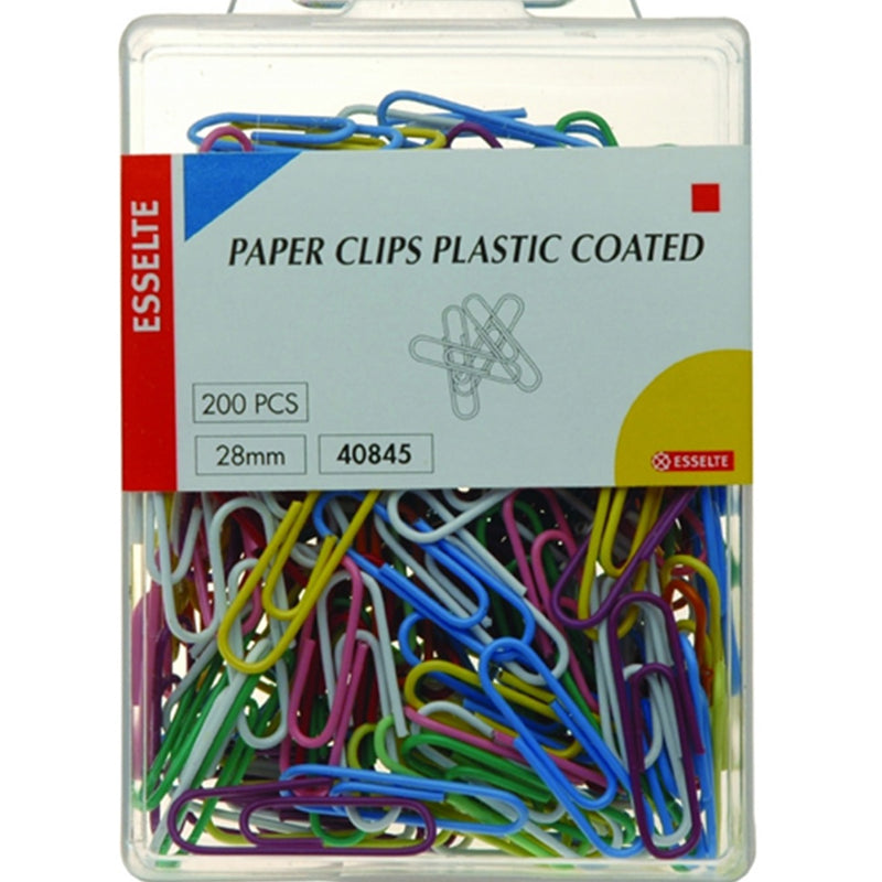 Esselte Paper Clips Plastic Coated 28mm Assorted Colours Pack 200