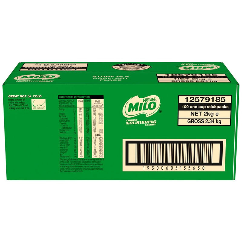 Nestle Milo Single Serve Sachets 20g 100 Pack Carton Bulk Box