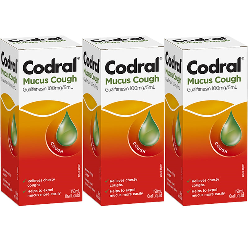 Codral Mucus Cough Syrup Guaifenesin 100mg/5mL Oral Liquid 150mL 3 Pack