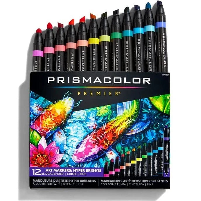 Prismacolor Premier Double Sided Hyper Brights Art Markers Fine Brush Chisel Tip Dual End 12 Pack
