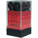 D6 Dice Opaque 16mm Black/Red 12 Dice in Display