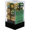 Chessex D6 Gemini 16mm d6 Gold-Green/white Dice Block 12 dice
