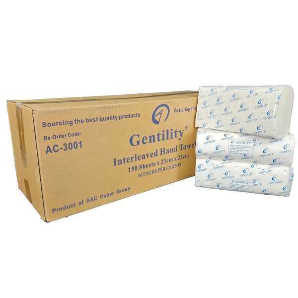A&C Gentility Slimline Hand Paper Towels 23x23cm 2ply 150 Sheets x 16 Packs/Carton AC-3001 AC-3001 - SuperOffice