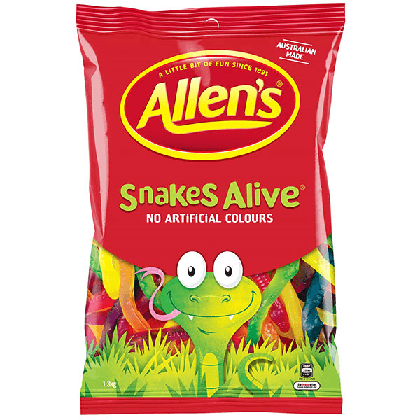 Allens Snakes Alive Lollies Australian Made 1.3Kg 6 Pack BULK 109108 (6 Pack) - SuperOffice