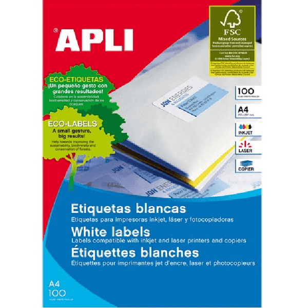 Apli Labels A4 65UP Square Corners 38x21mm 100 Sheets 901283 - SuperOffice