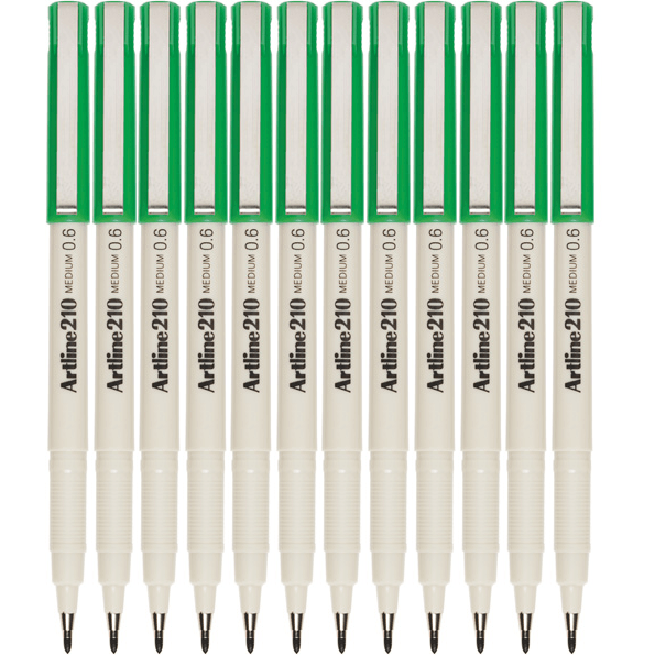 Artline 210 Fineliner Pen 0.6mm Medium Green Box 12 121004 (Box 12) - SuperOffice
