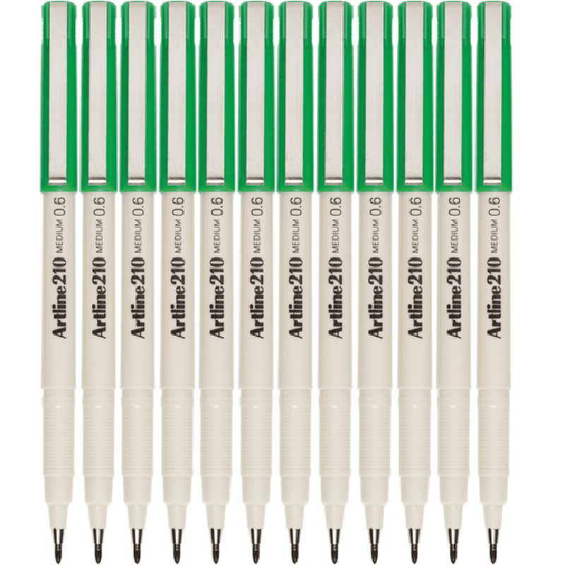 Artline 210 Fineliner Pen 0.6mm Medium Green Box 12 121004 (Box 12) - SuperOffice