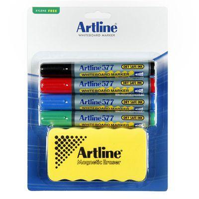 Artline 577 Whiteboard Marker 2Mm Bullet Assorted And Magnetic Eraser Kit 157791 - SuperOffice
