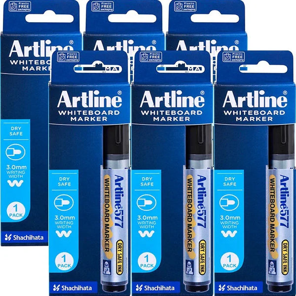 Artline 577 Whiteboard Marker 2mm Bullet Black 6 Pack Hangsell 157761 (6 Pack) - SuperOffice