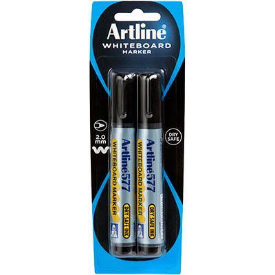 Artline 577 Whiteboard Marker 2Mm Bullet Black Pack 2 Hangsell 157771 - SuperOffice