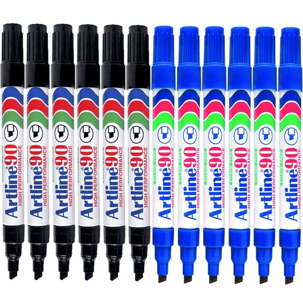 Artline 90 Permanent Marker Chisel Tip 2-5mm Black Blue Pack 12 Artline 90 (6 Black 6 Blue) - SuperOffice