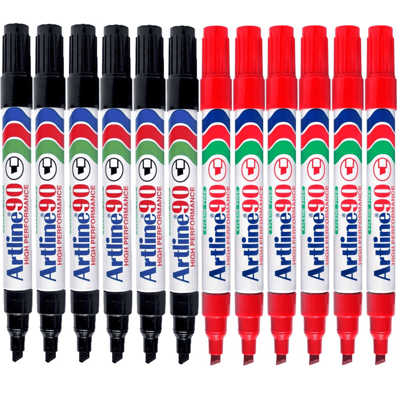 Artline 90 Permanent Marker Chisel Tip 2-5mm Black Red Pack 12 Artline (6 Black 6 Red) - SuperOffice