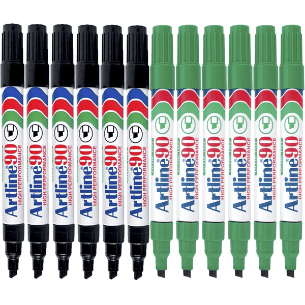 Artline 90 Permanent Marker Chisel Tip 2-5mm Green Black Pack 12 Artline 90 (6 Black 6 Green) - SuperOffice