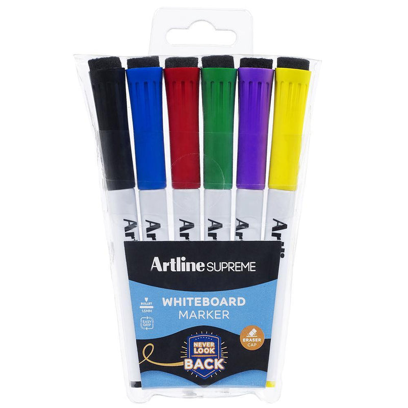 Artline Supreme Eraser Cap Whiteboard Marker Assorted Pack 6 115176 - SuperOffice