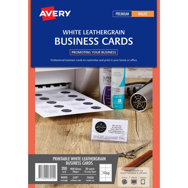 Avery 70450 Ij39 Leathergrain Business Cards Micro Perforated 200Gsm Pack 200 70450 - SuperOffice