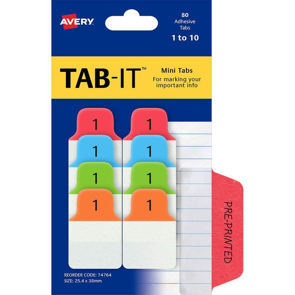 Avery 74764 Mini Tabs Num 1-10 25.4 X 38Mm Primary Pack 80 74764 - SuperOffice
