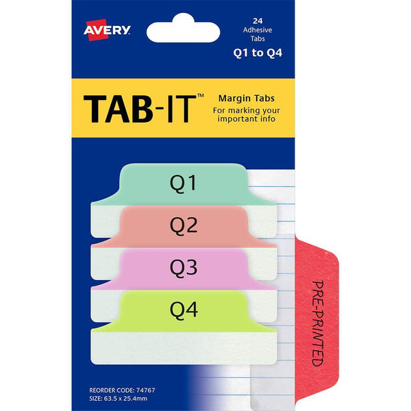 Avery 74767 Margin Tabs Q1-Q4 63.5 X 25.4Mm Pastel Pack 24 74767 - SuperOffice