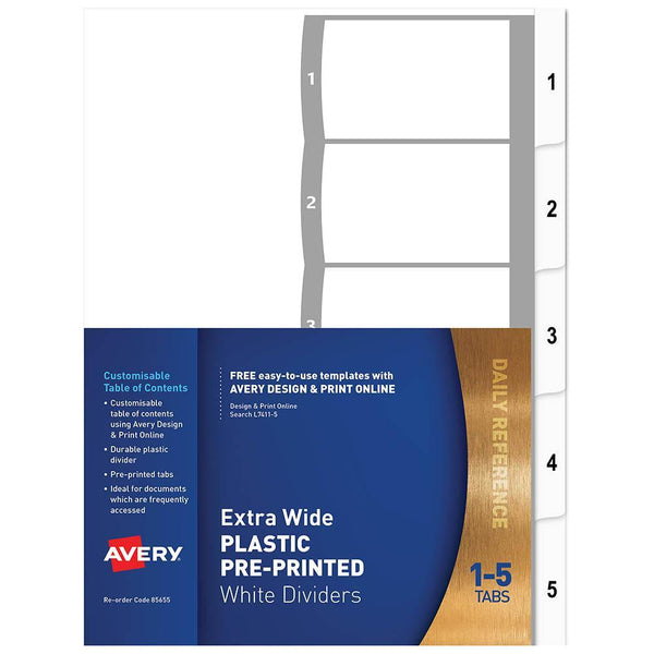 Avery 85655 L7411-5 Divider Extra Wide 1-5 Index Tab A4 White 85655 - SuperOffice