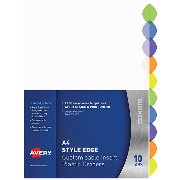 Avery 87701 L7440 Style Edge Insertable Tab Divider 10 Colours Pack 10 87701 (10 Pack) - SuperOffice