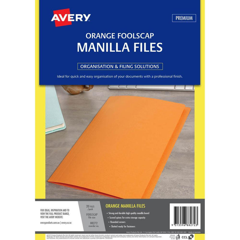 Avery 88272 Manilla Folder Foolscap Orange Pack 20 88272 - SuperOffice
