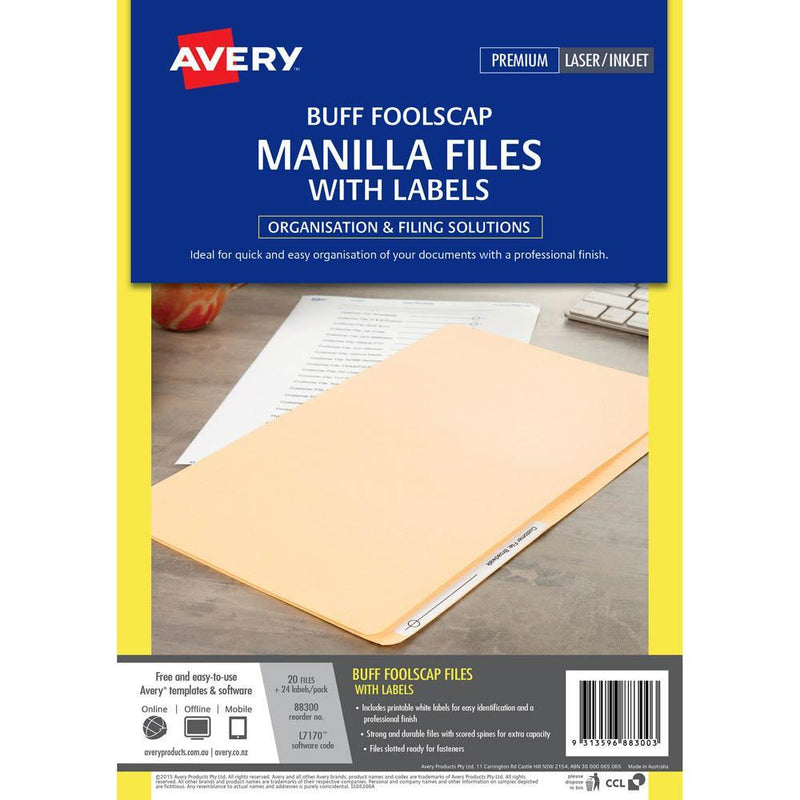 Avery 88300 Manilla Folder With 24 Laser Title Label Foolscap Buff Pack 20 88300 - SuperOffice