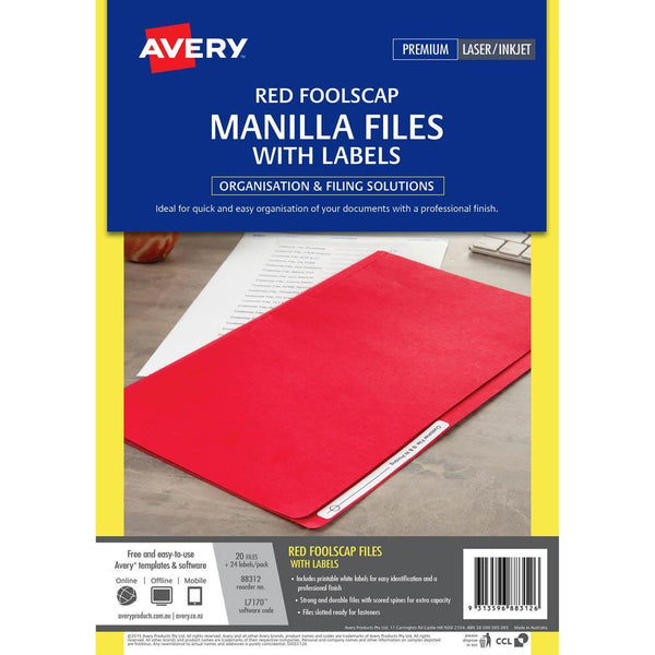 Avery 88312 Manilla Folder With 24 Laser Title Label Foolscap Red Pack 20 88312 - SuperOffice