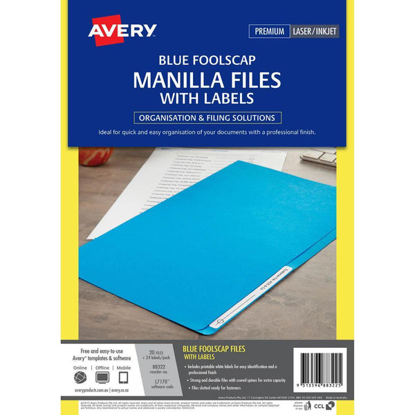 Avery 88322 Manilla Folder With 24 Laser Title Label Foolscap Blue Pack 20 88322 - SuperOffice