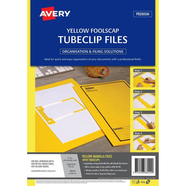 Avery 88442 Tubeclip File Foolscap Yellow With Black Print Pack 5 88442 - SuperOffice