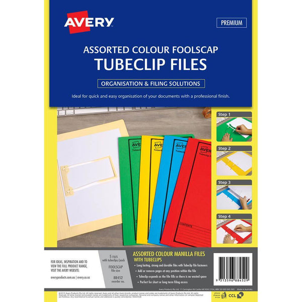 Avery 88452 Tubeclip File Foolscap Assorted With Black Print Pack 5 88452 - SuperOffice