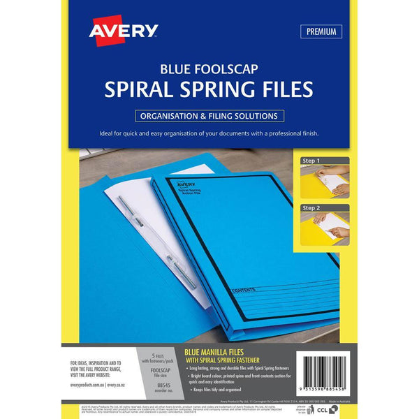 Avery 88545 Spiral Spring Action File Foolscap Blue Pack 5 88545 - SuperOffice