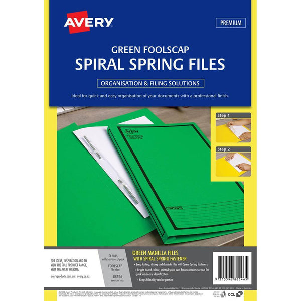 Avery 88546 Spiral Spring Action File Foolscap Green Pack 5 88546 - SuperOffice