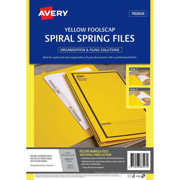 Avery 88547 Spiral Spring Action File Foolscap Yellow Pack 5 88547 - SuperOffice