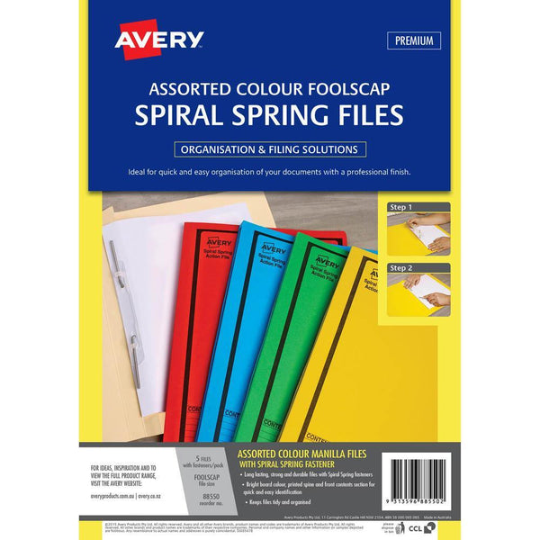 Avery 88550 Spiral Spring Action File Foolscap Assorted Colours Pack 5 88550 - SuperOffice
