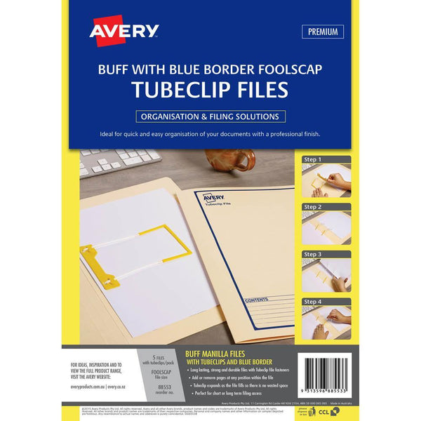 Avery 88553 Tubeclip File Foolscap Buff With Blue Print Pack 5 88553 - SuperOffice