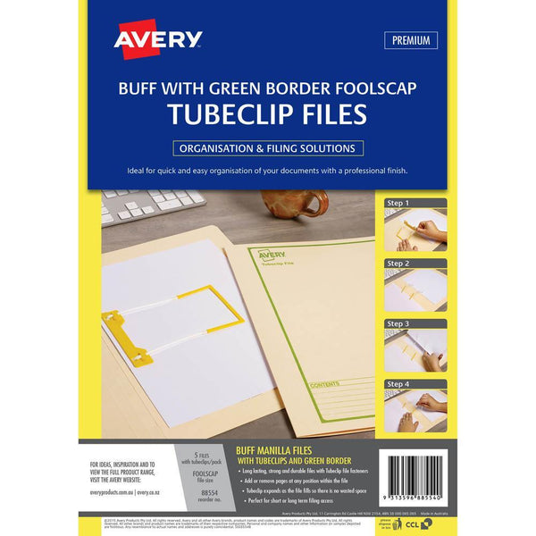 Avery 88554 Tubeclip File Foolscap Buff With Green Print Pack 5 88554 - SuperOffice